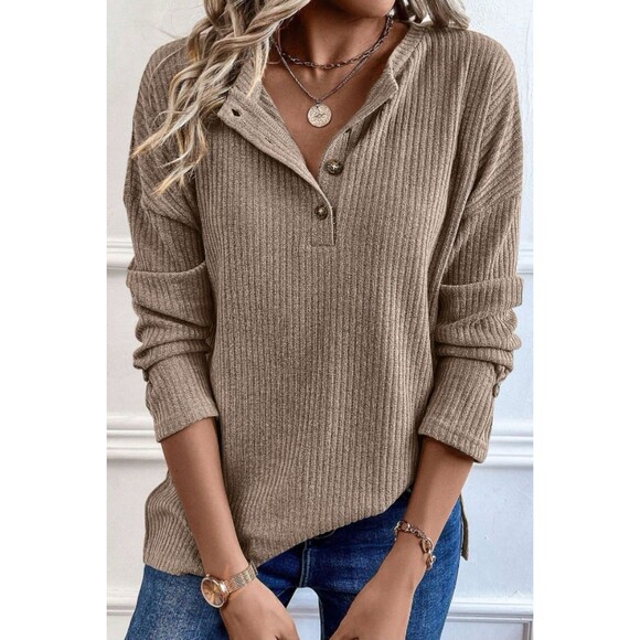 Unbranded Tops - Womens Pale Khaki Rib Textured Henley Knit Top Size XL Long Sleeve Button